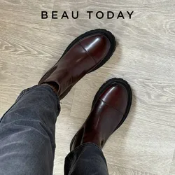 BeauToday Ankle Boots For Women Thick Platform With Round Toe Slip-On Genuine Leather Shoes Autumn Spring Handmade C02379