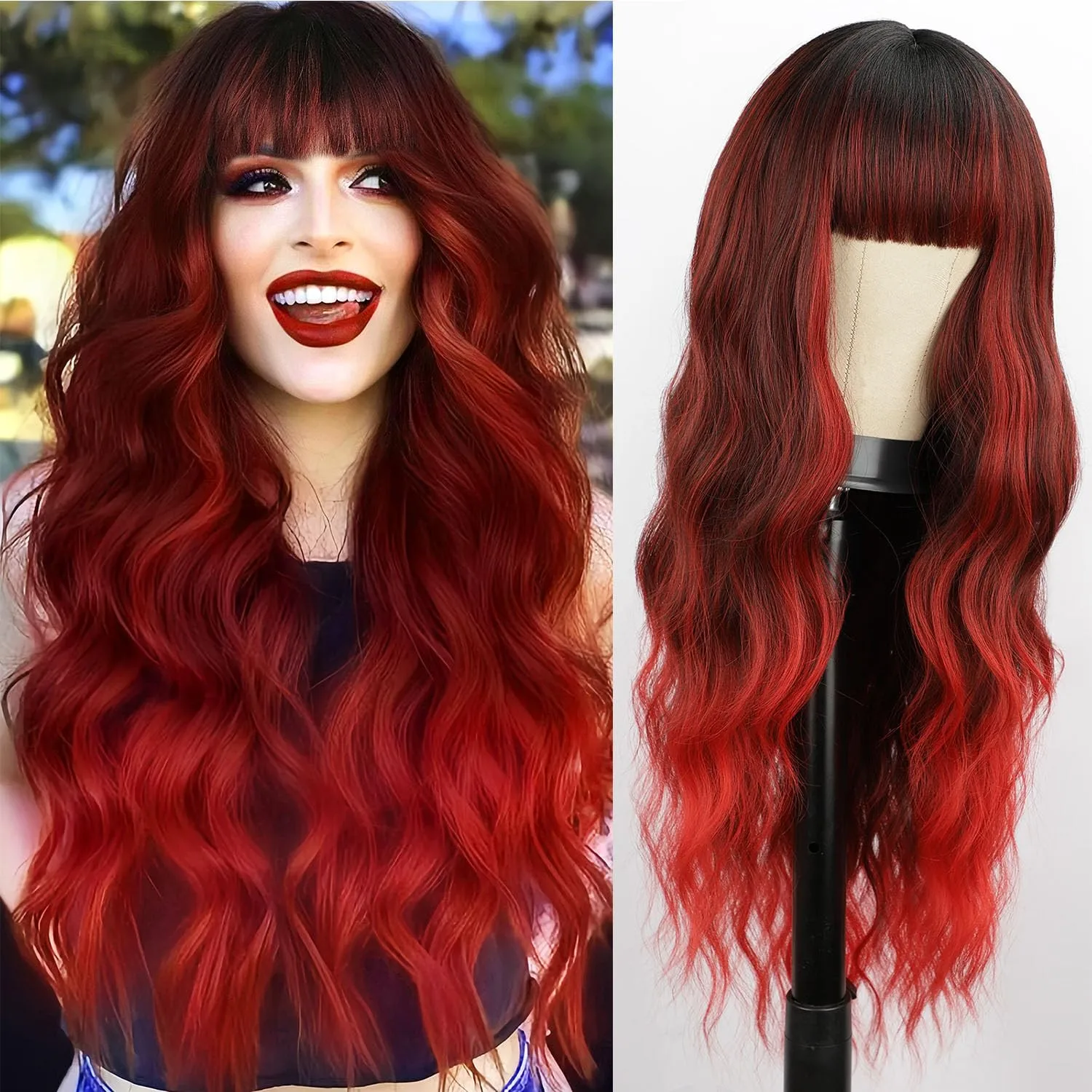 

Red Wigs with Bangs Long Wavy Red Wig for Women Ombre Red Wigs with Bangs