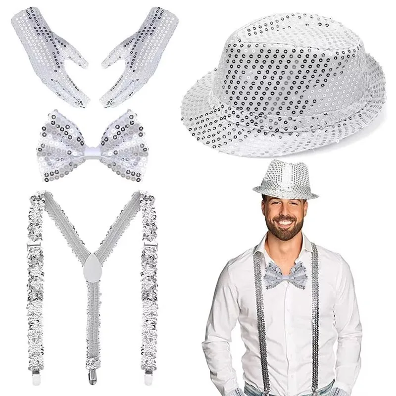4 piezas/set Kit de Disfraz de Discoteca con Lentejuelas Plateadas Todo en Uno: Sombrero, Tirantes, Guantes, Corbata y Pajarita para Fiesta o Actuación en Escenario Unisex