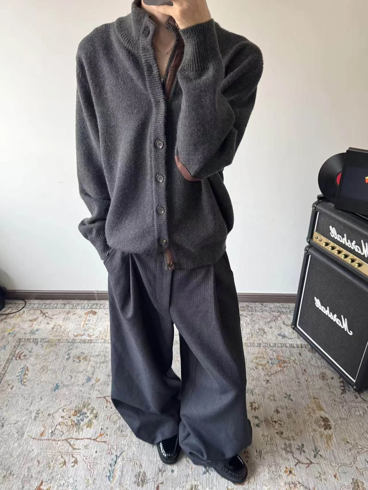 

American Sle Retro Money Wind f High Collar Sweater Cardigan Brown ey Versatile Cleanfit Lazy Outerwear Casual Loose Fit