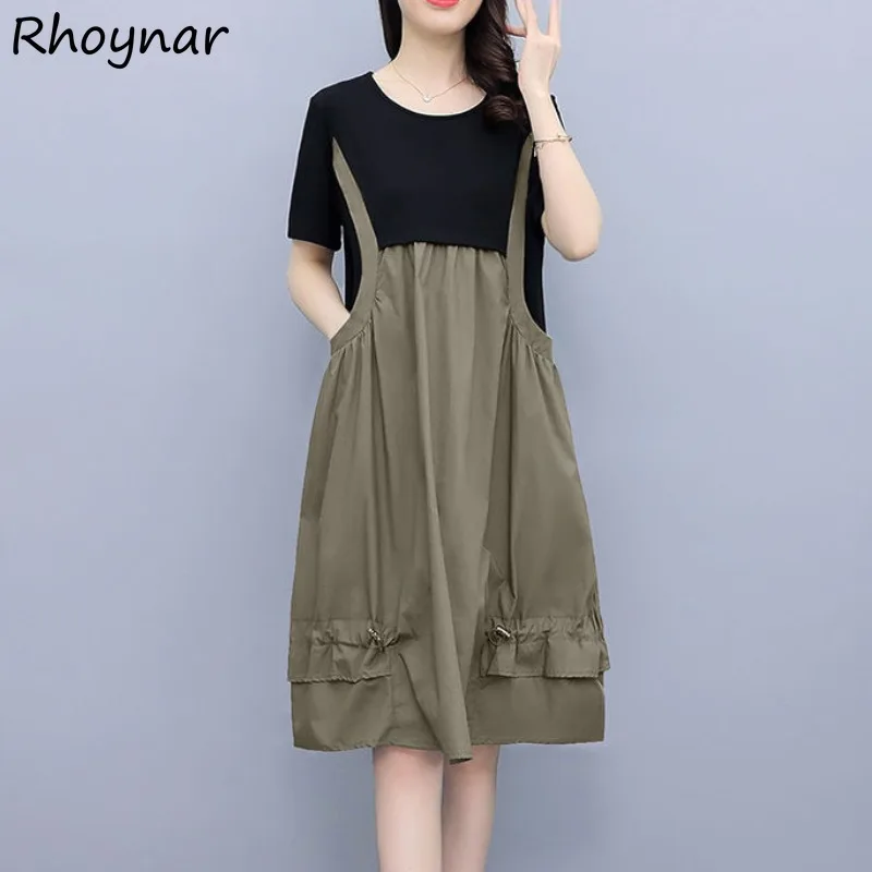 

5XL Short Sleeve Dresses Women Korean Style Simple Casual Patchwork Fake 2Pcs Chic Baggy Soft Age-reducing Clothing Summer Cozy