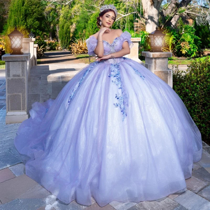 

Lavender Quinceanera Dresses Off the Shoulder Glitter Decal Lace Flower Long tail Bow Vestidoe 15 Quinceanera Customize