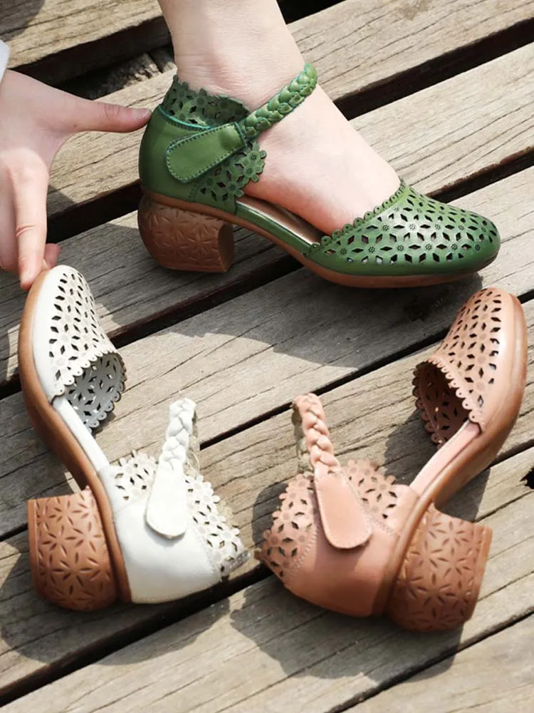 Sweet Style Real Leather Retro Thick Heel Ladies Sandals New Summer Versatile Hollow High Heels Mom Shoes Outdoor Wear