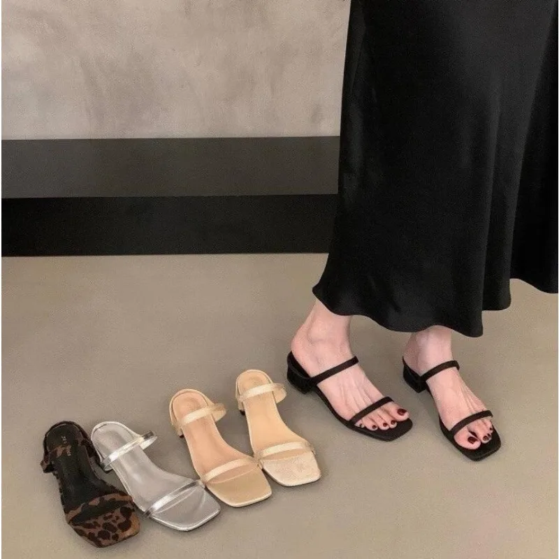 New Summer Narrow Band Women Slippers Fashion Square Toe Party Dress Shoes Ladies Elegant High Heel Slides Sandalias ·