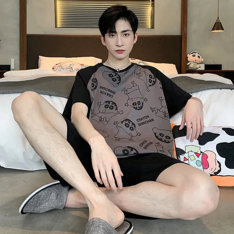 Men’s Pajamas Summer Short Sleeve Thin Loose Comfortable Casual Loungewear Set 2 Piece Set Casual Simple Sleepwear Homewear