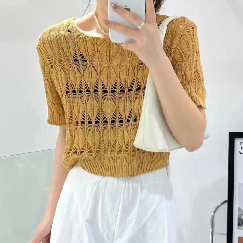 hollow-out ice silk sweater women\'s summer new thin short-sleeved blouse design sense short sun protection shirt top