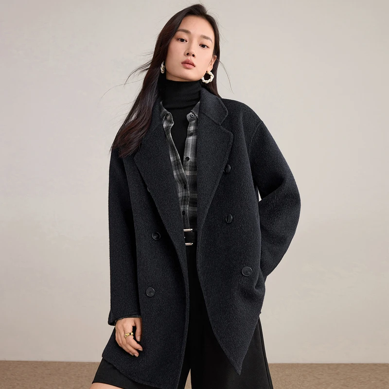 SENTUBILA Women's Double-Sided Wool Temperament Commuter Coat Winter 2026 Double-Breasted Loose Fit Versatile Coat W54OA8786