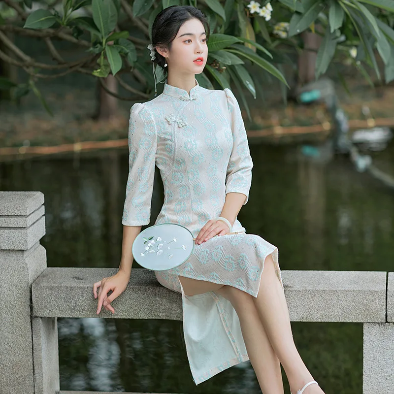 Blue Lace Patchwork Cheongsam Vintage Half Sleeve Chinese Traditional Dress Slim Female Women Long Qipao S To 3XL