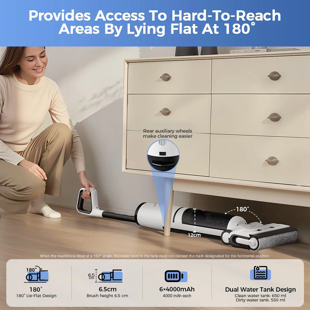 Беспроводной пылесос Redkey W15 Pro, мощное всасывание, 22 кПа, самоочищающаяся палочка, пылесос для влажной и сухой уборки, швабра для очистки кромок, самосохнущая