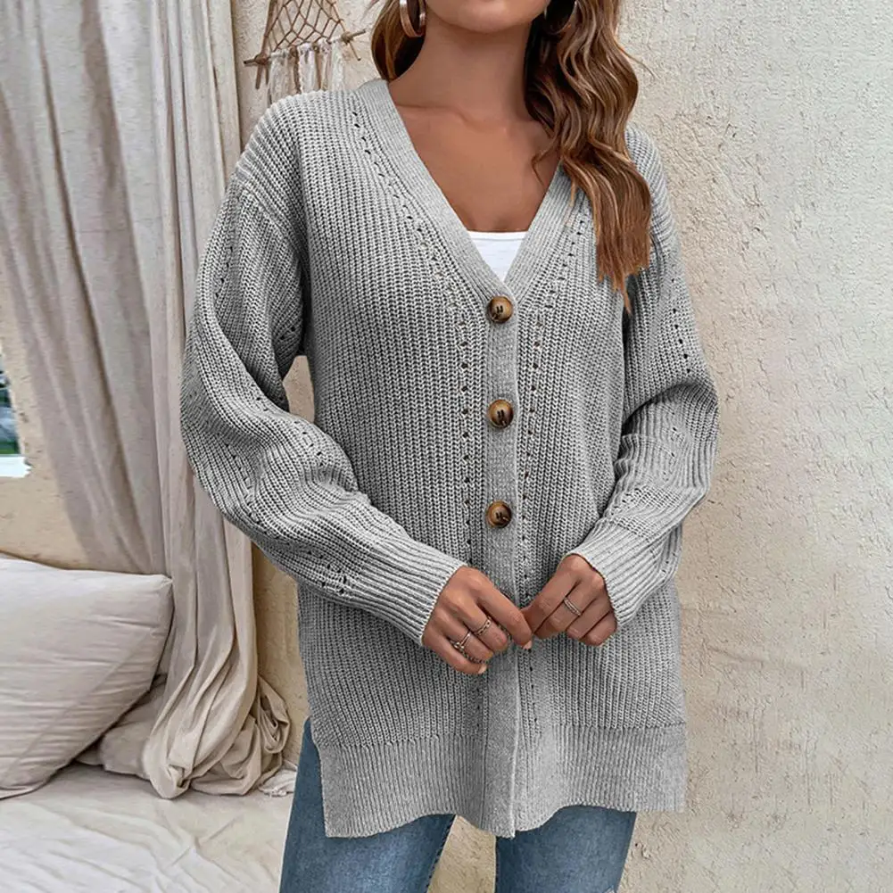 Knitted Cardigan Hollow Side Split Pockets Women Knitwear Autumn Winter Solid Color Buttons Placket Sweater Outerwear