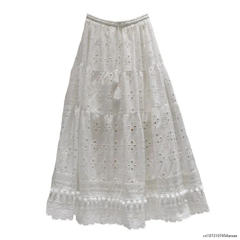 Elegant Woman Embroidered Hollow-out White Skirt 2023 Summer New Korean Style Elastic Waist Drawstring Large Swing Skirts