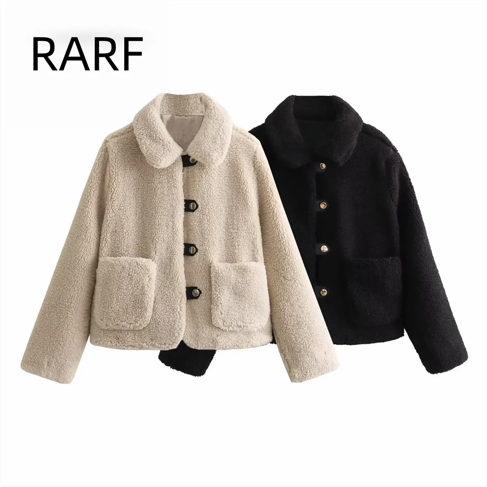 

Autumn and winter women's collar long sleeved patch bag granular fleece jacket short style lamb wool thick coat