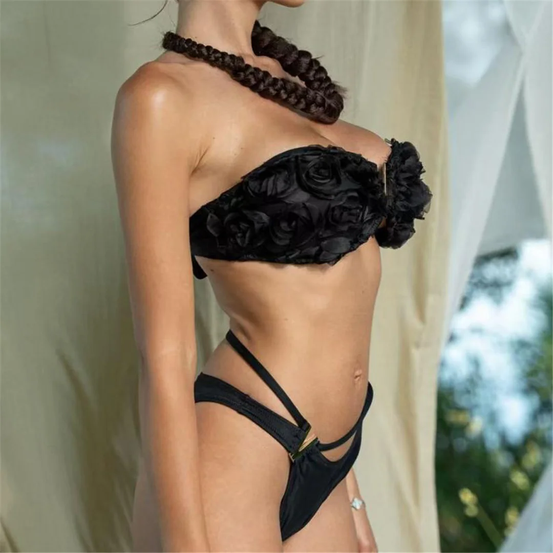 Sexy 3D-Blumen-Bandeau-Bikini mit hohem Beinausschnitt, zweiteiliger Bikini-Set für Damen, Badeanzug, Badebekleidung, Badeanzug, Schwimmbikini V6547 – Detail 6
