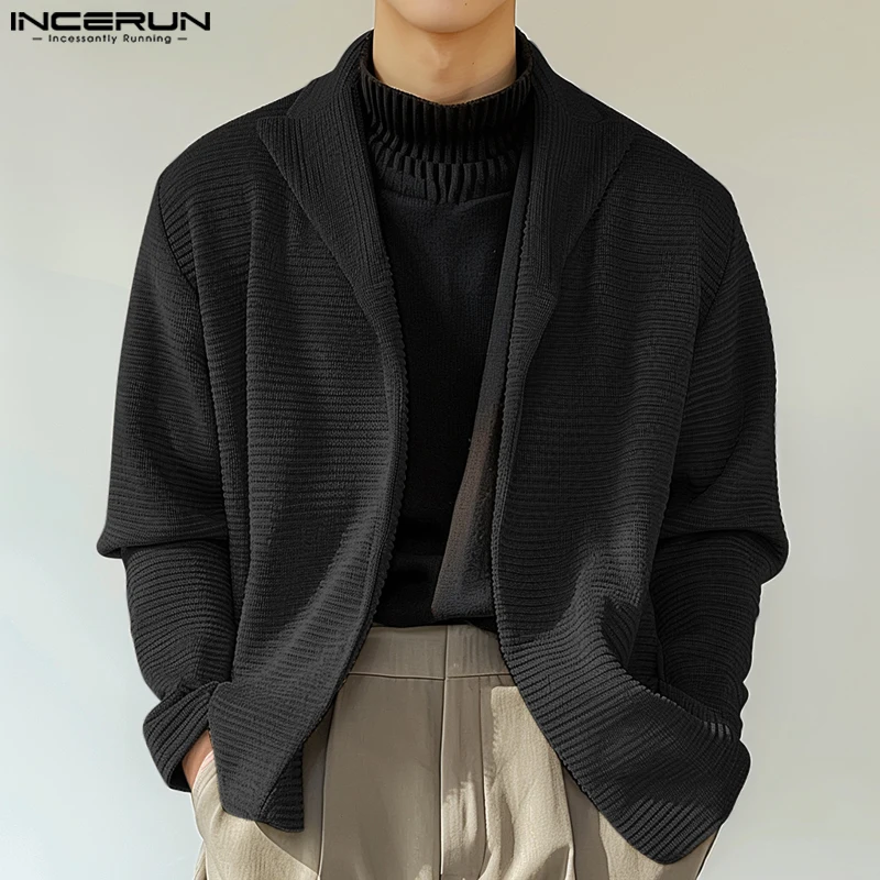 INCERUN Tops 2024 Korean Style Autumn Fashion Men Knitted Pit Stripe Pullovers Male Streetwear Solid Lapel Long Sleeved Cardigan