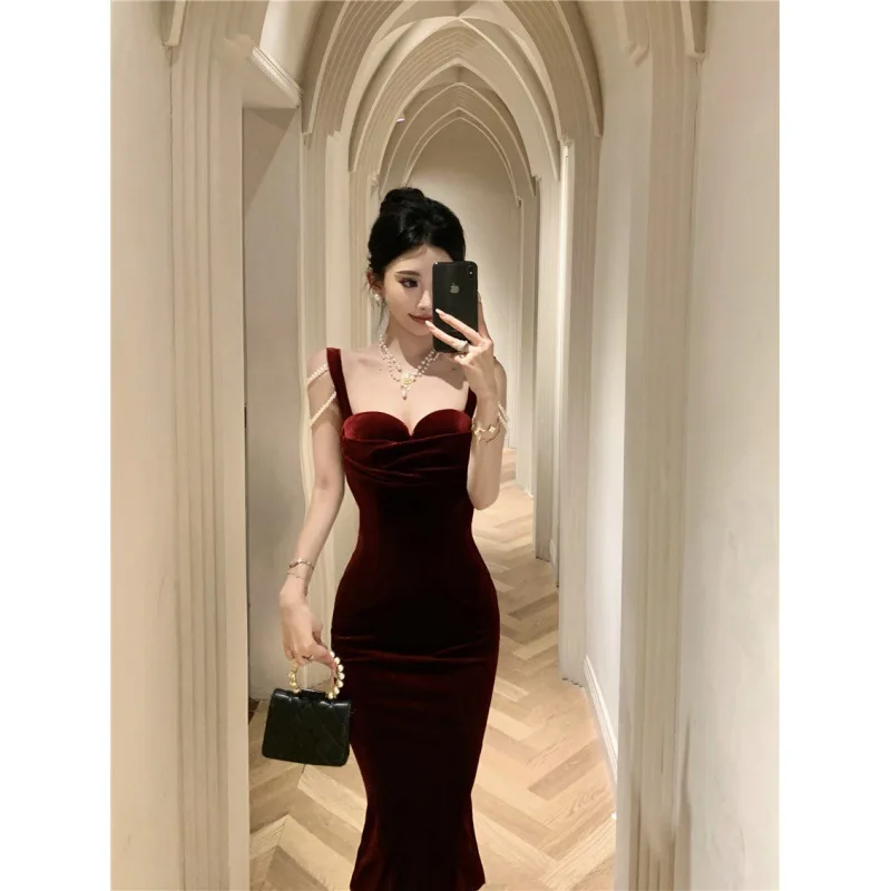 Golden Velvet Elegant Party Dresses for Women 2023 French Square Collar Solid Long Dresses Autumn and Winter New Womens Dresses