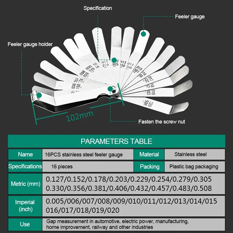 16 Blades Feeler Gauge Metric 0.127-0.508mm Stainless Steel Curved Gap Filler Gauge for Woodworking or Engine Valve Measurement