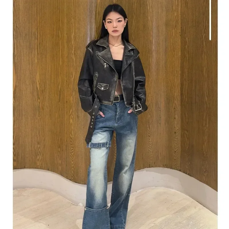 Women\'s Retro Leather Biker Jacket, Ladies Streetwear, Female Fashion, Slim Zipper, Short Tops, Goth Clothes, Retro, New, Spring
