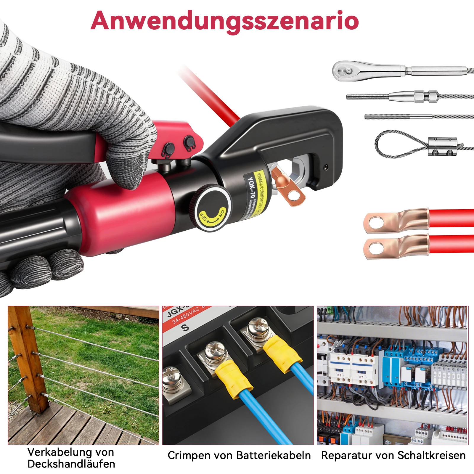 Rotes manuelles hydraulisches Zangen-Set 8/10 Tonnen Hydraulisches Crimpwerkzeug und Kabelschneider 4/6/10/16/25/35/50/70 mm² Sechskant-Crimpform Hydraulisches Batteriekabel-Endkappen-Crimpwerkzeug