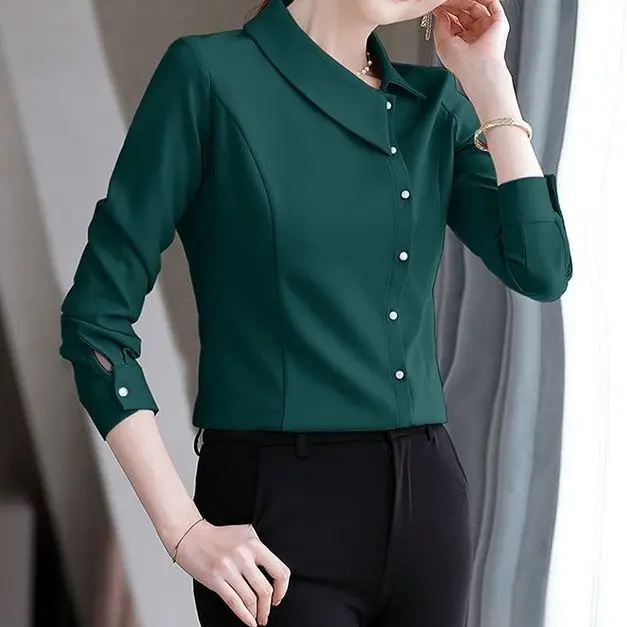 2024 Summer New Long sleeved Shirt Women's Chiffon Shirt Top Slim Fit Diagonal Neck Fashion Women's Shirt