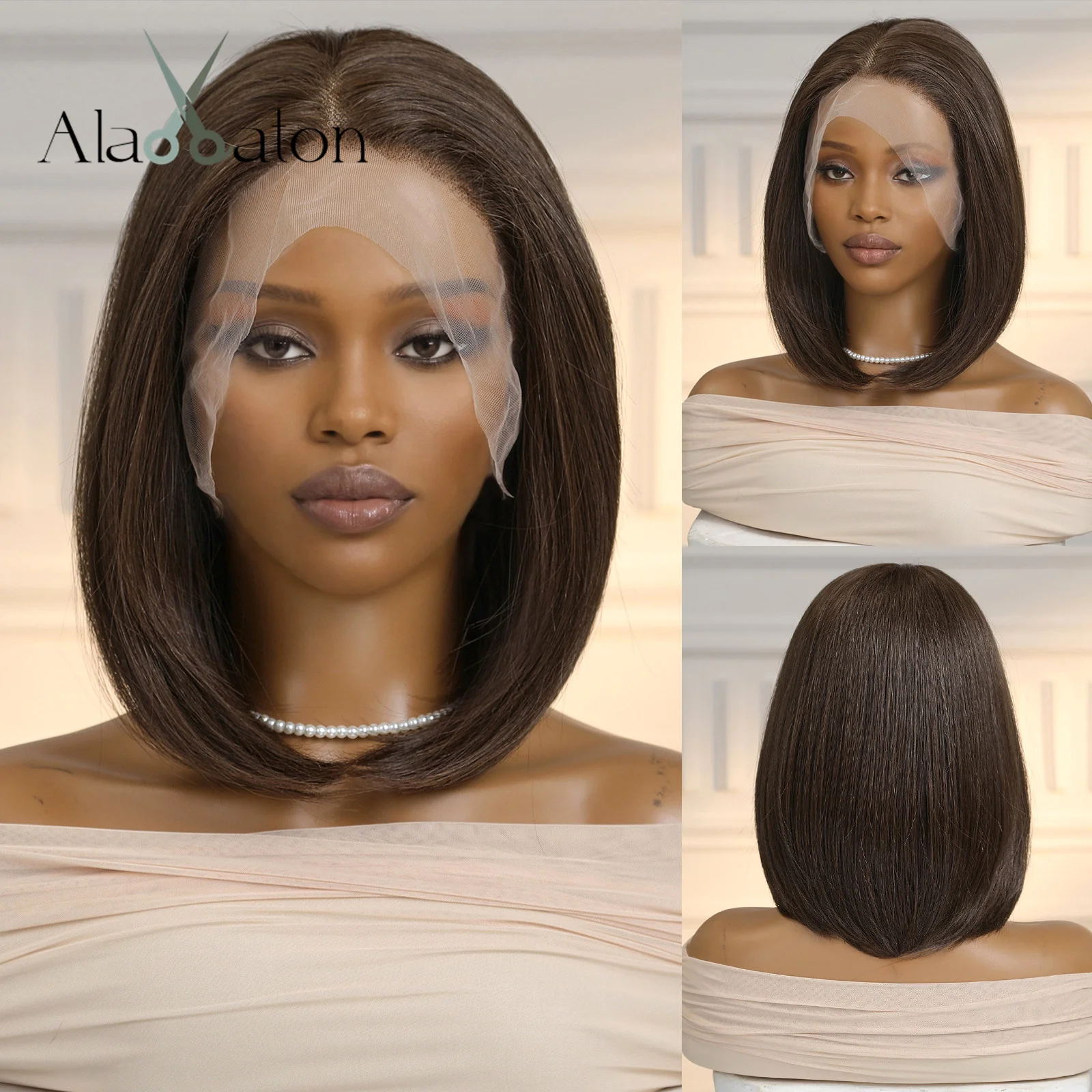 13x6 Lace Wigs Medium Brown Synthetic Wig Short BOB WIgs for Women Daily Party Heat Resistant Fiber Wigs with Dark Root