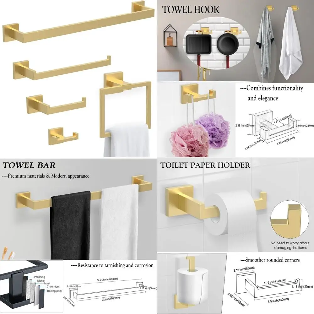 

Stainless Steel Towel Bar Set, 5-Piece Brushed Gold Bathroom Hardware Accessories, 23.6 Inch Square Wall Mount Set for Modern De