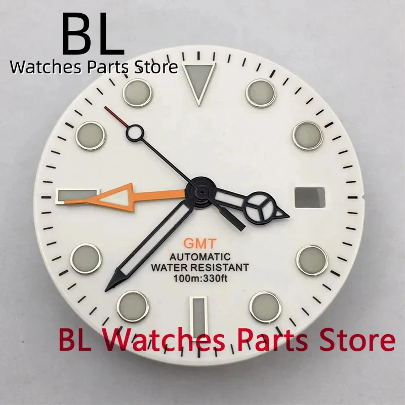 BLIGER 29mm White GMT Watch Dial Hand Set Black Silver Rose Edge Index Green Luminous Blue Red Orange GMT Fit NH34 Movement Part