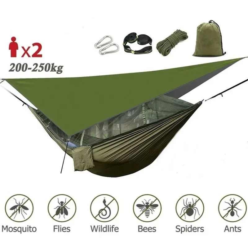 

Camping Hammock with Mosquito Net&Rainfly Tent Tarp & Tree Straps,Portable Nylon Hammock Tent for Camping Hiking Backyard Travel