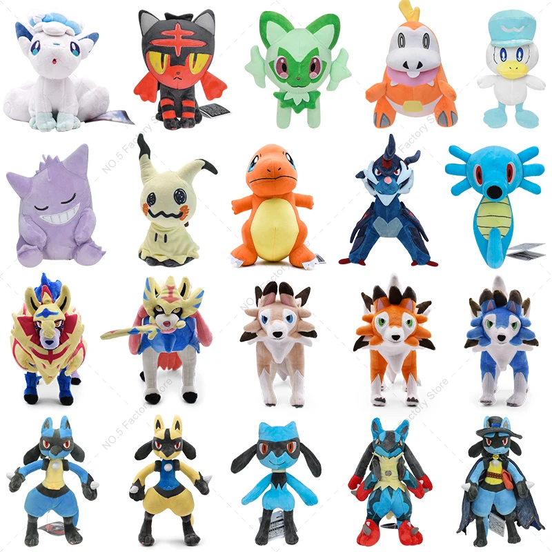 

Pokemon Plush Toy Kawaii Mimikyu Litten Alolan Vulpix Horsea Gengar Lucario Sprigatito Quaxly Fuecoco Lycanroc Stuffed Doll