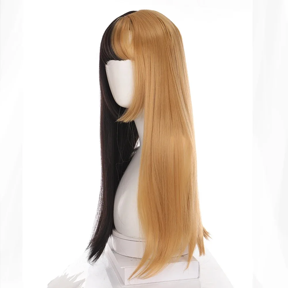 Syntetyczne czerwono-fioletowe peruki dla kobiet Hime cut Fringe Bangs Split Dye Halloween Party Cosplay items Wig Half and Half Color