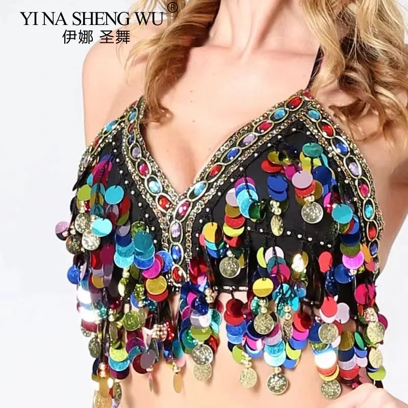 المرأة ملابس رقص البطن الترتر الصدرية الأعلى الكبار مثير عارية الذراعين قوس قزح الترتر شرابة السباغيتي حزام أعلى حجر الراين عملات أعلى