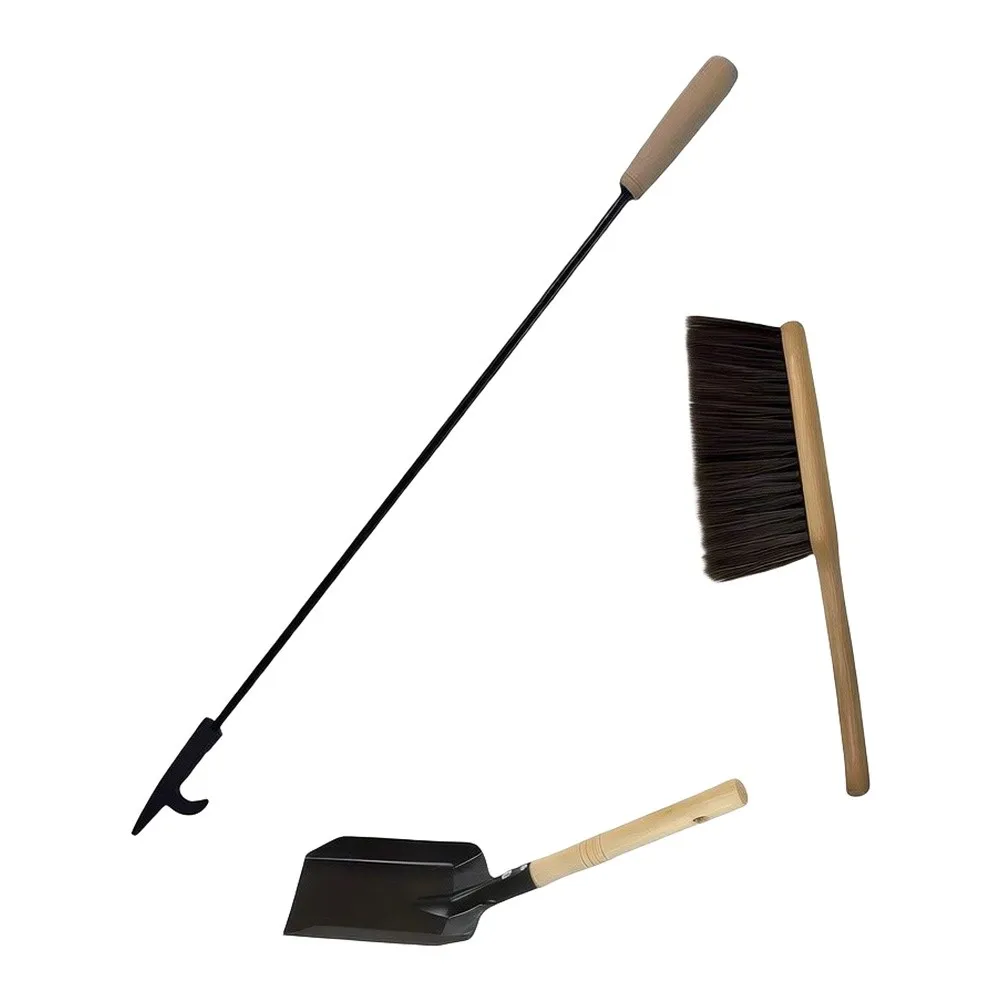 Fireplace Tool Set 3 Piece Includes Fire Hook Metal Shovel and Dust Brush for Efficient Ash and Debris Cleaning