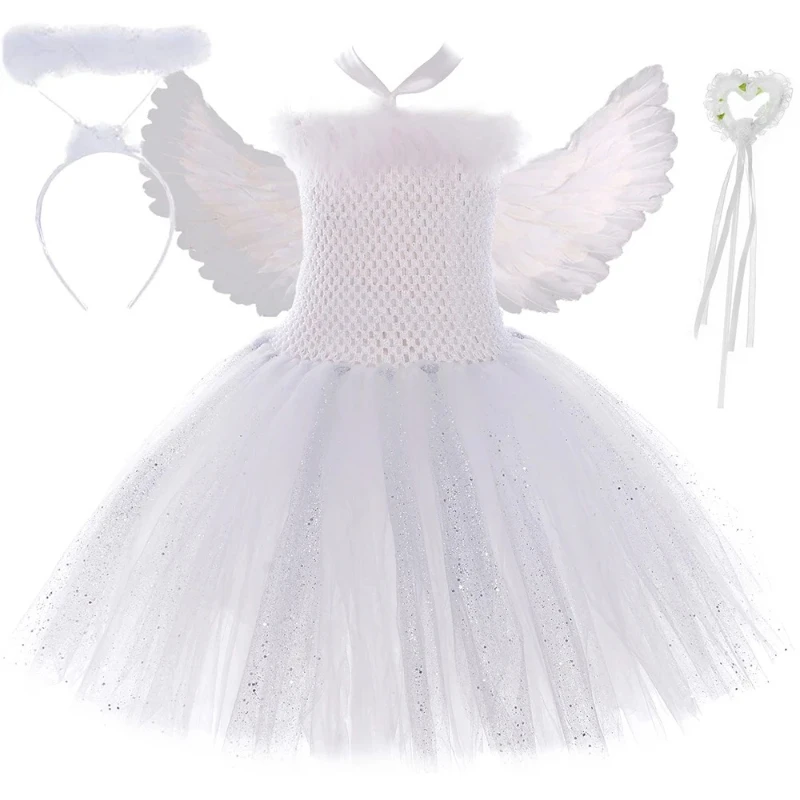 Sparkling White Angel Tutu Dress for Girls, Performance Clothes, Suitable for Halloween, Birthday Parties and Daily Casual Wear