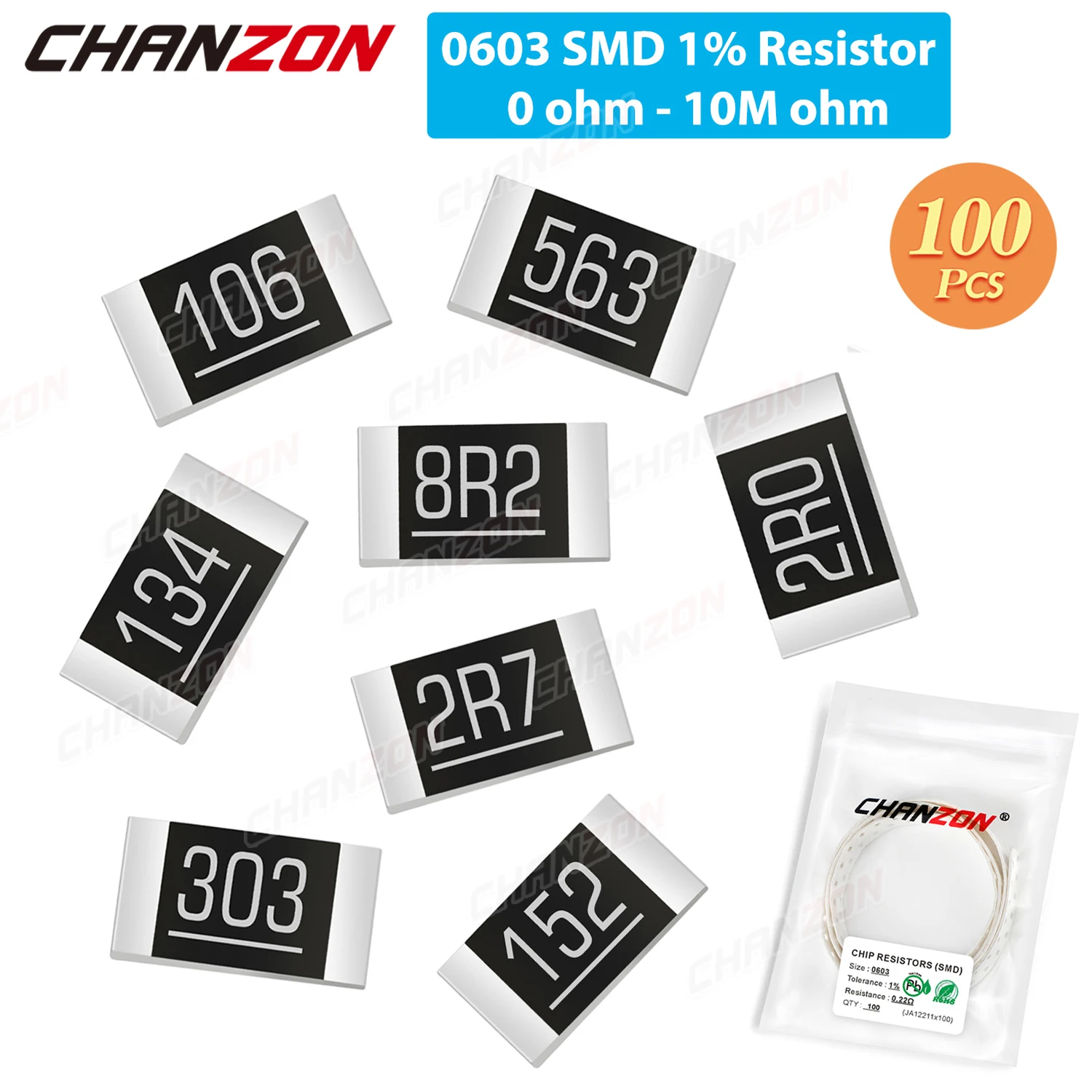 Resistencias SMD 0603 100 Uds 0ohm - 10M Ohm 1/10 Watt 1% Chip de película de alta precisión resistencia fija 1K 2,2K 10K 300K 220K 4R7 2K2