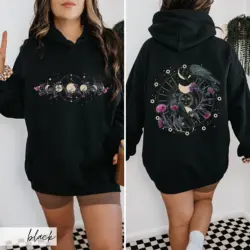 Unisex Y2K Loose Dark Academia Pullovers Vintage Celestial Ravens and Thistles Hooded Sweater Moon Phase Whimsigoth Crow Hoodie