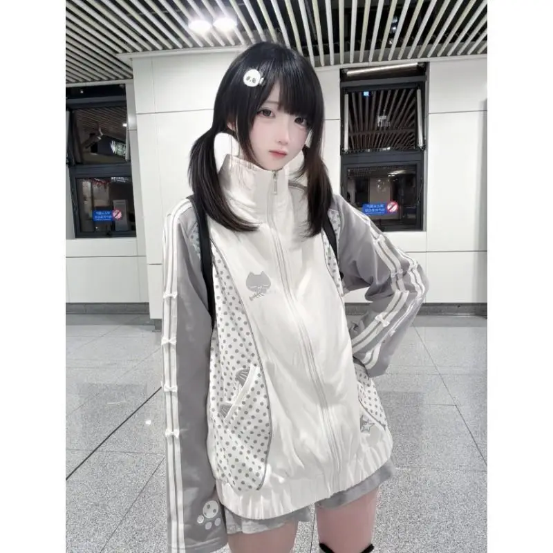 Japanese Yami Kawaii Subculture Coat Women's Long Sleeve High Neck Polka Dot Cat Paw Embroidery Coat Cute Jirai Kei Y2K Jacket - view 6