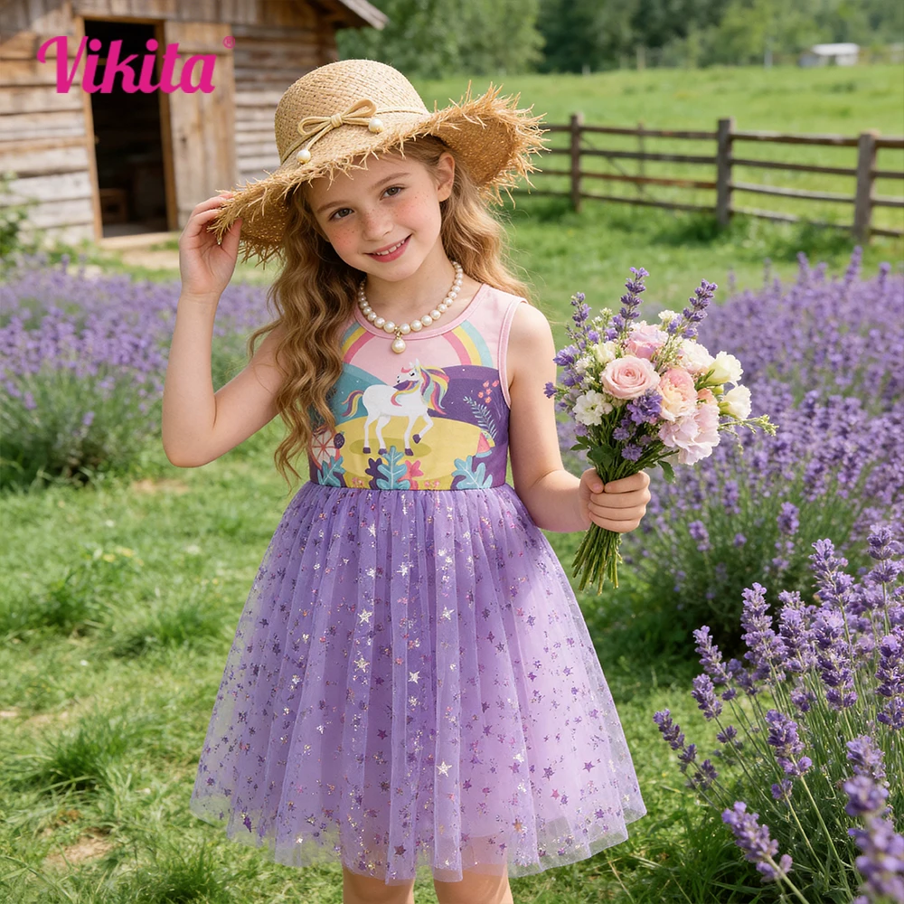Kids Unicorn Tulle Sleeveless Summer Mesh Vestidos Kids Fluffy Starry Lavender Dresses for Daily Holiday Party Casual Wear