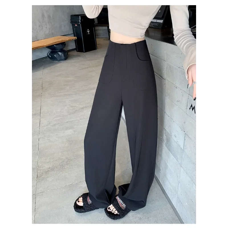 ブラックの高級レディーススーツ、ハイウエスト、2025年、流れるようなカジュアルなワイドレッグストレートドレスパンツ
