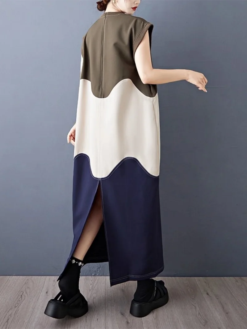 Cocoon diseño de temperamento de moda francés Retro empalme Irregular colores contrastantes vestido Casual sin mangas para mujer w282