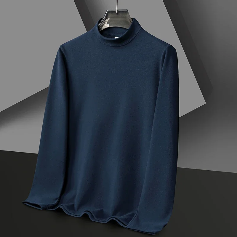 New Men's Casual and Fashionable Solid Color T-shirt with Round Neck Long Sleeved Velvet Warm and Comfortable Versatile Top