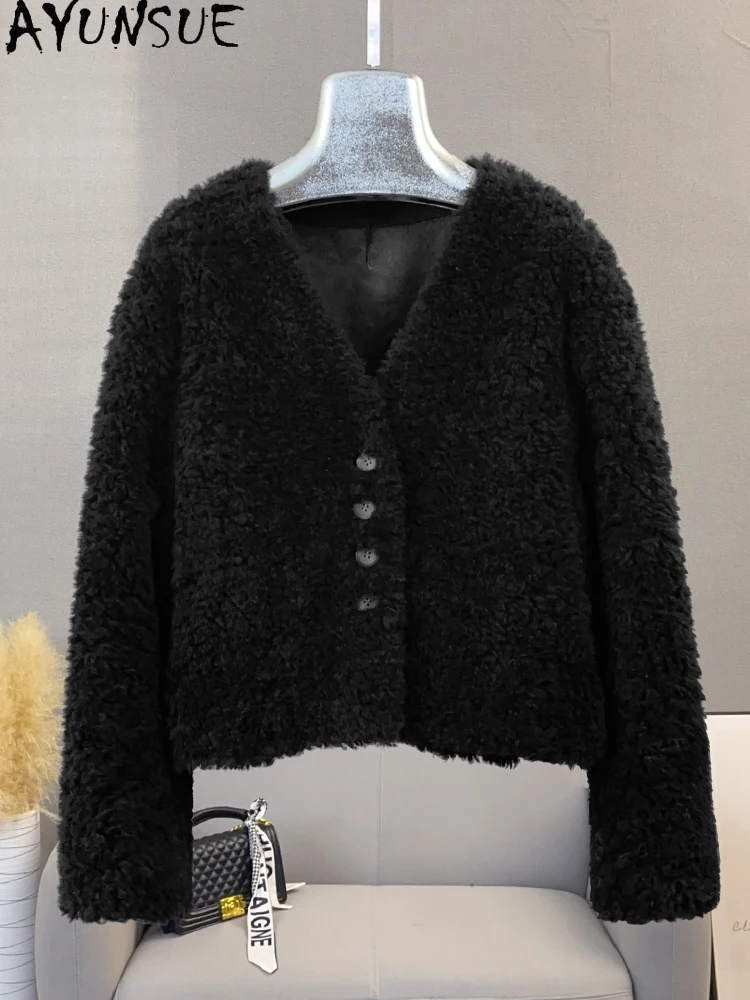AYUNSUE 100% 천연 양모 여성 자켓 v 넥 짧은 양 모피 자켓 여성 의류 가을 겨울 겉옷의 새로운 Abrigo Mujer
