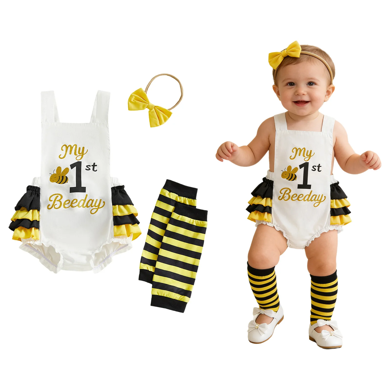 

Наряд на первый день рождения для маленьких девочек: милый комбинезон без рукавов с принтом пчелы и надписью, повязка на голову, гетры, одежда для тематической вечеринки и фотосессии