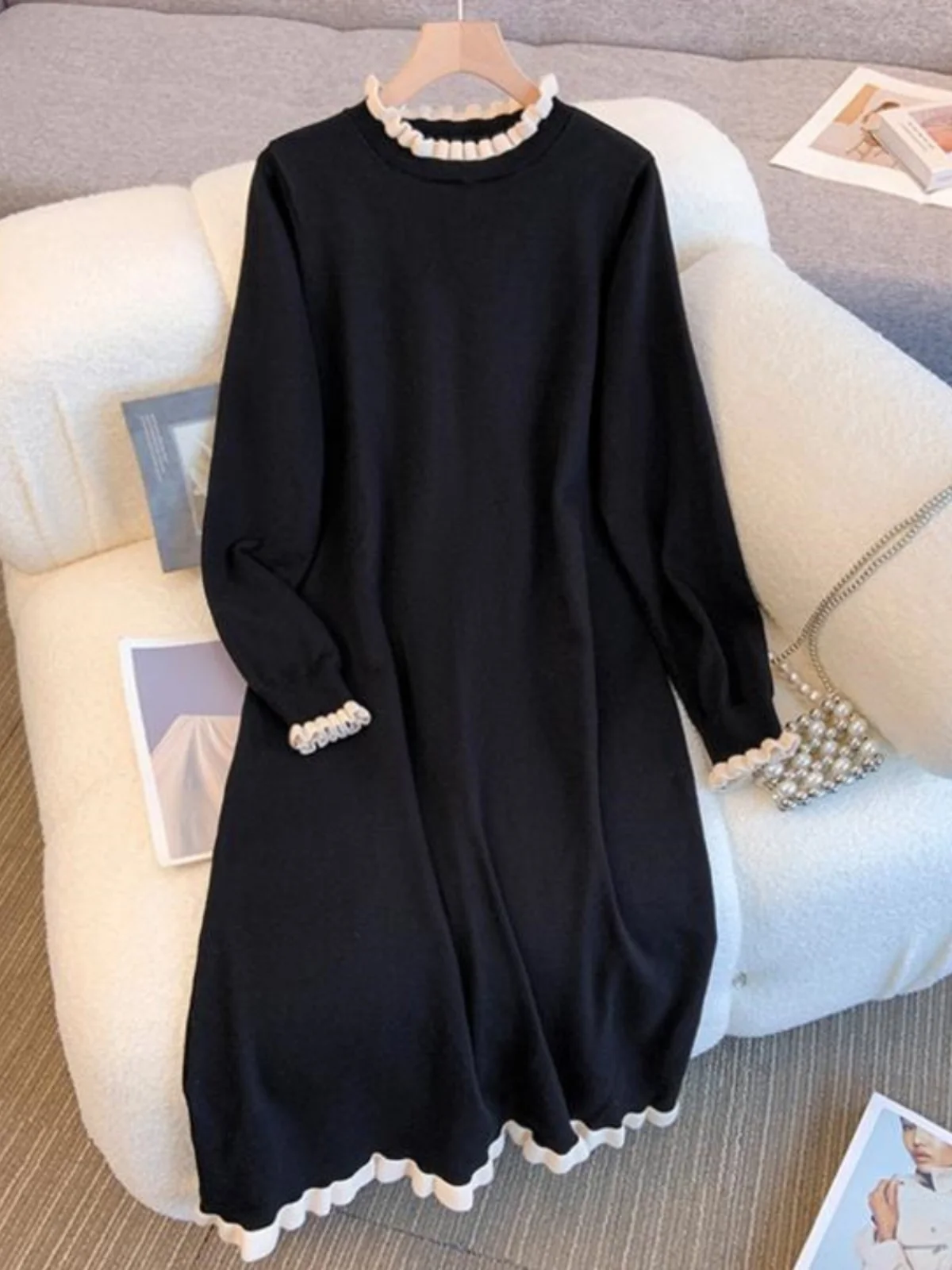 plus Size Casual Long Knee-Length Black Dress Women's Autumn Winter Loose Fit Basic Layering Sweater Dress Sweet Style High W...