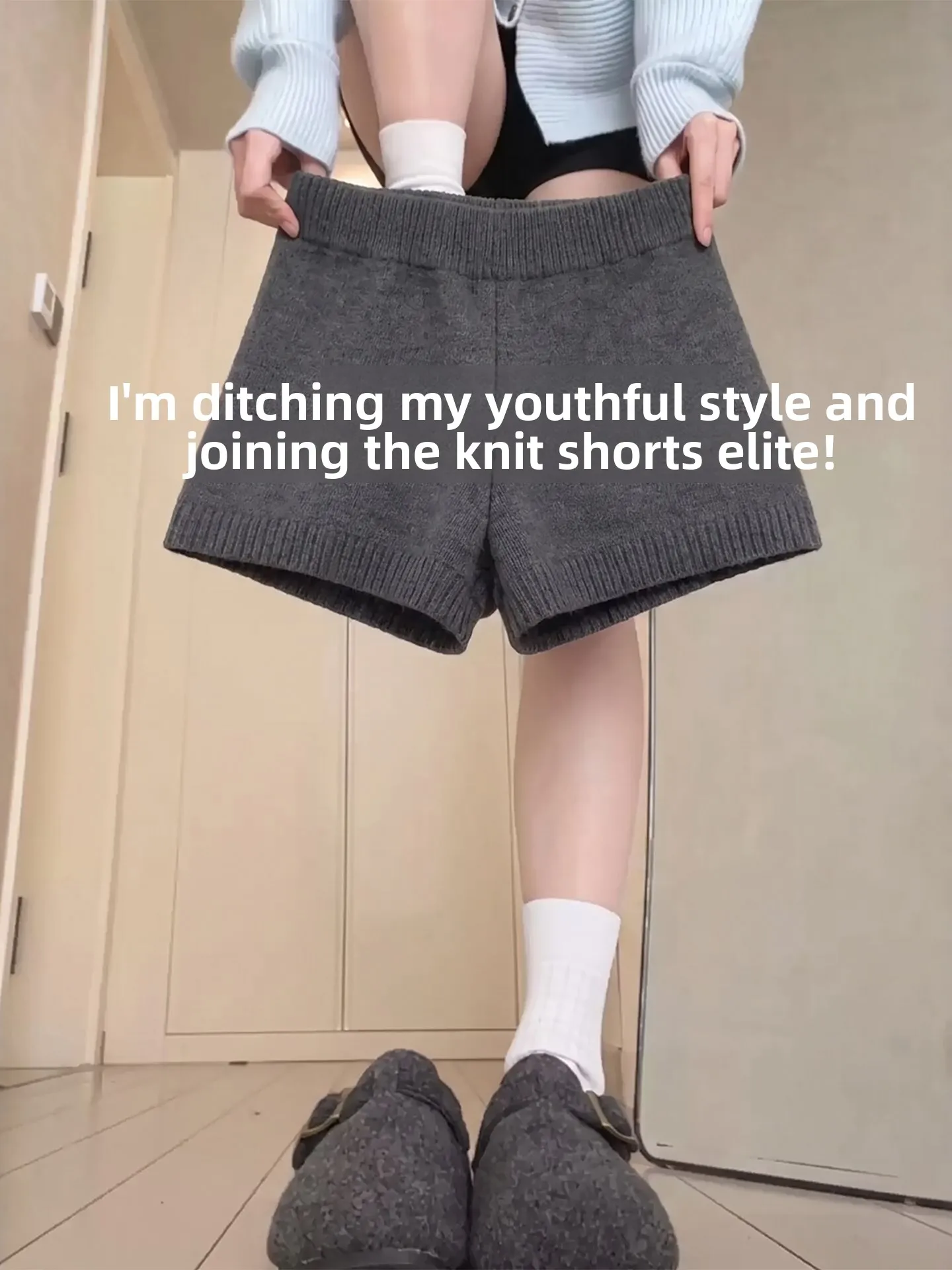 Gray Knitted High Waist Wide Leg Short Pants Women's Fashion Casual Trousers Autumn Season Stylish Base Layer Boot Pants