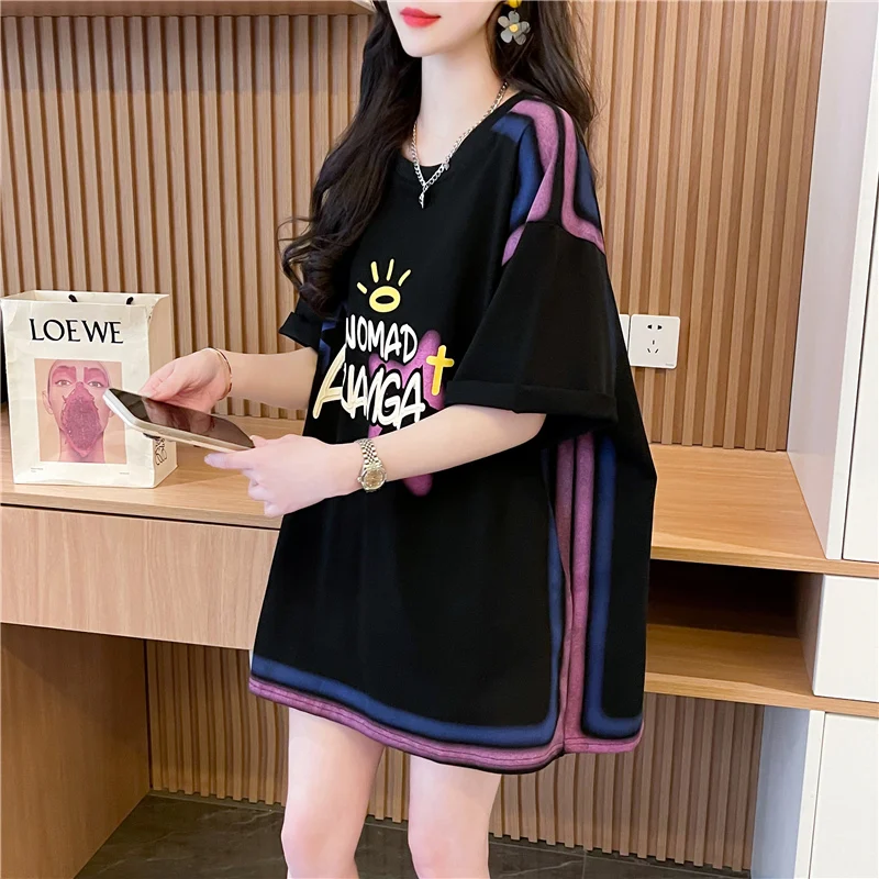 Mid-length Round Neck Graffiti Short Sleeve T-shirt for Women Loose Streetwear Women Graphic Tees Y2k Top