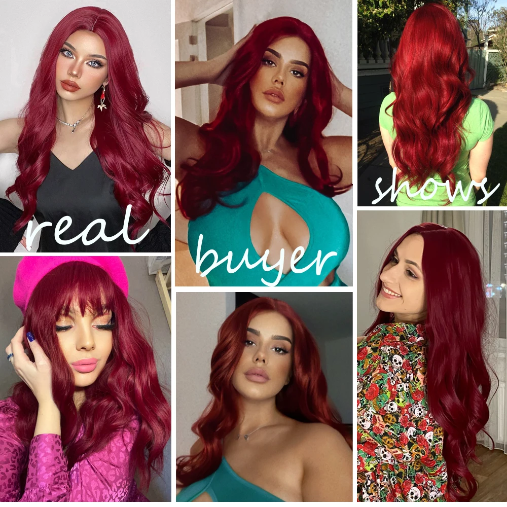 Wine Burgundy Red Long Wavy Synthetic Hair Wigs for Women Orange Red Body Wave Halloween Cosplay Natural Wig Heat Resistant