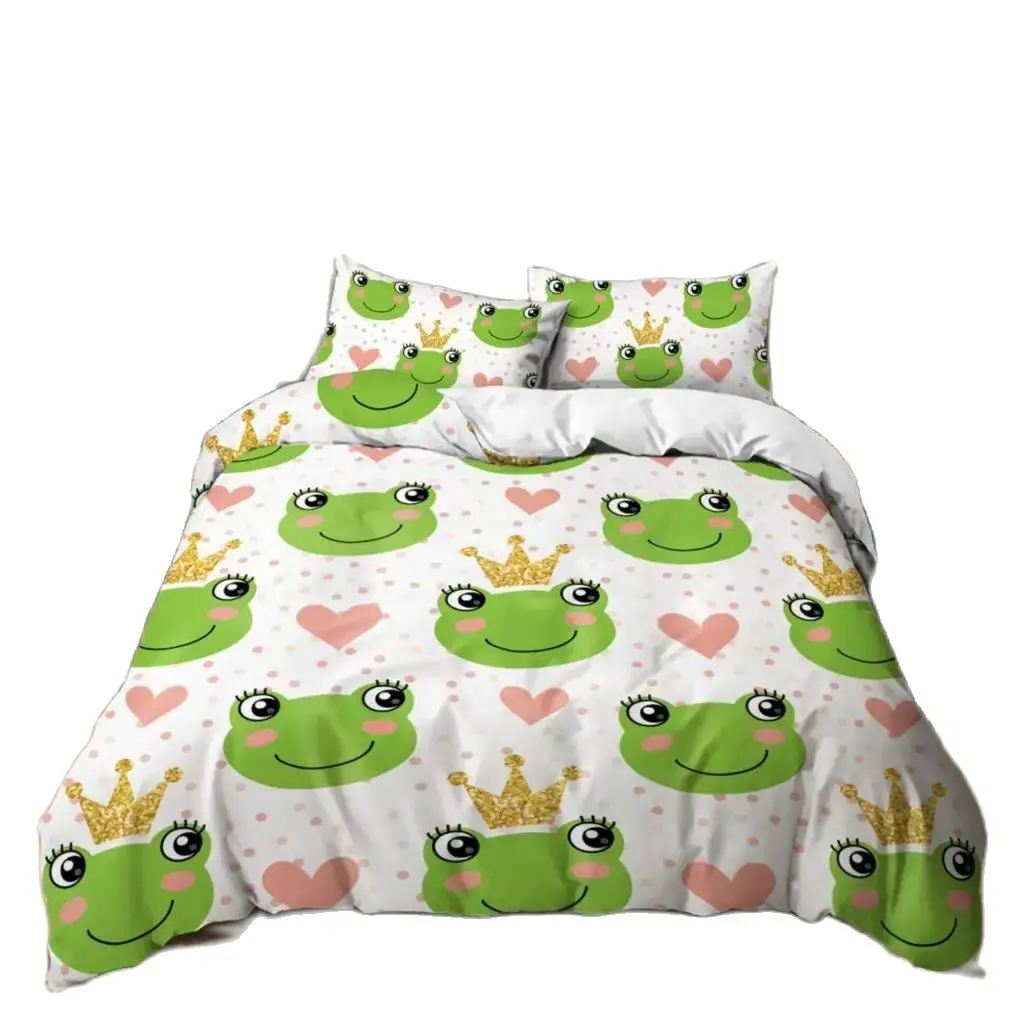 

Cartoon Frog Duvet Cover Set Light Green Cartoon Frogs Cute Dragonfly Animal Bedding Set for Kid Twin Size Polyester Quilt Cover