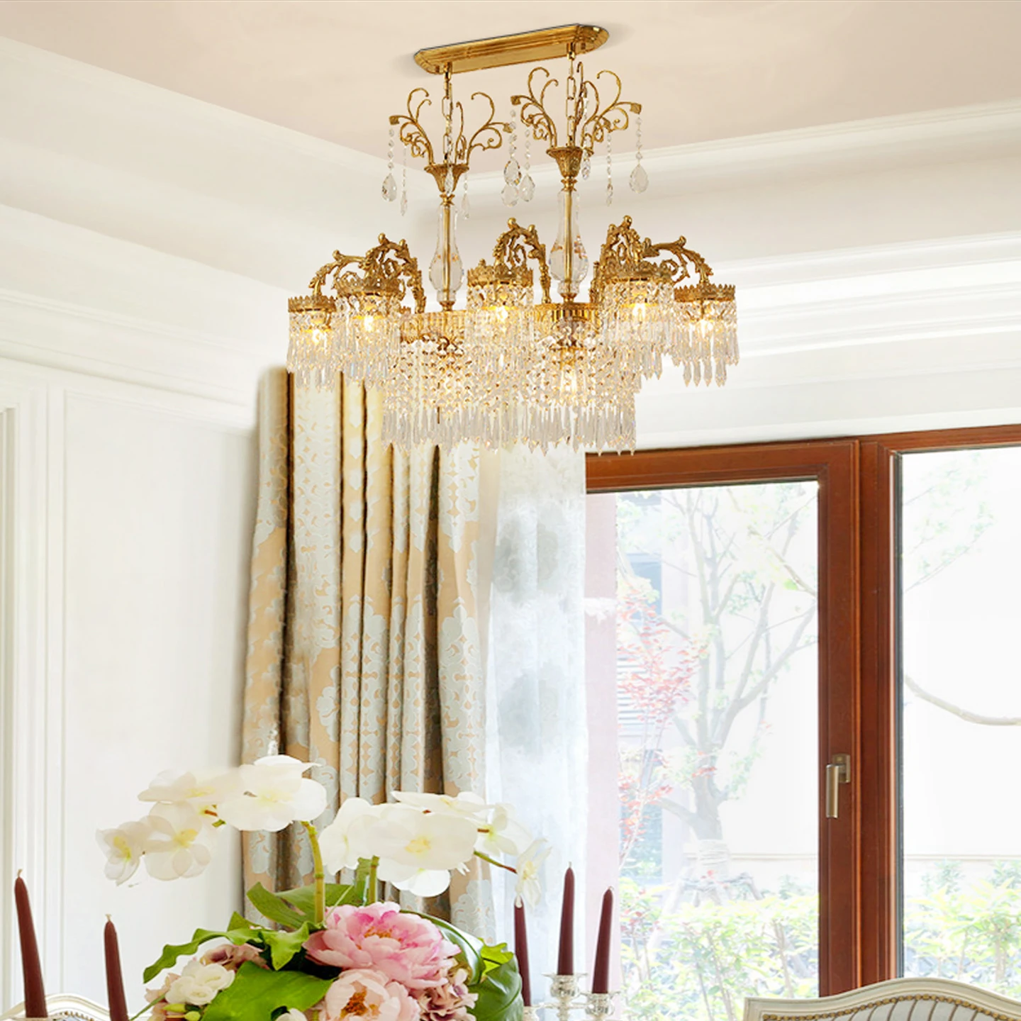 European Long Strip Dining Room Dining Table Classic Brass Crystal Chandelier Study Duplex Kitchen Pendant Lamp