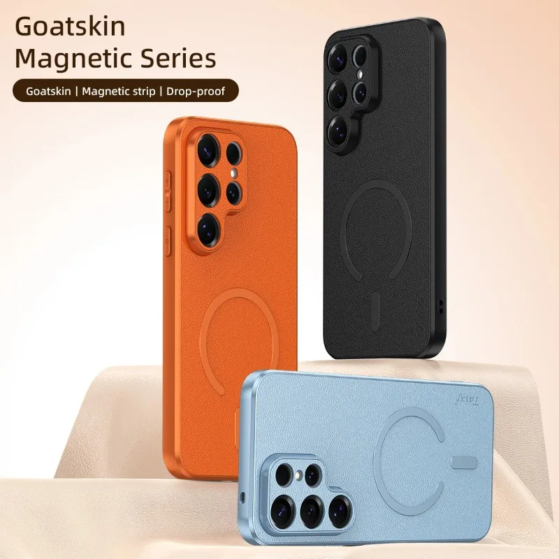 Goatskin Magnetic Case For Samsung S26 Ultra S25 Plus S25FE PU Leather Wireless Charging Shockproof Cover For Galaxy s26 + Plus