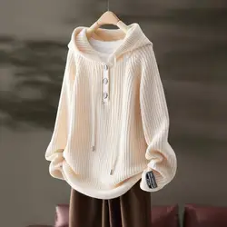 Women's Autumn and Winter New Fashion Elegant Solid Hooded Pullover Button Casual Versatile Long Sleeve Loose Sweater Knit Tops