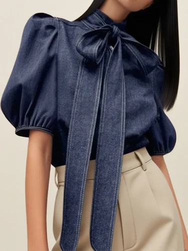 Camisas vaqueras suaves azules a la moda para mujer, novedad de verano, informal, con manga abombada, pajarita, Tops elegantes de calle para primavera para mujer para el trabajo